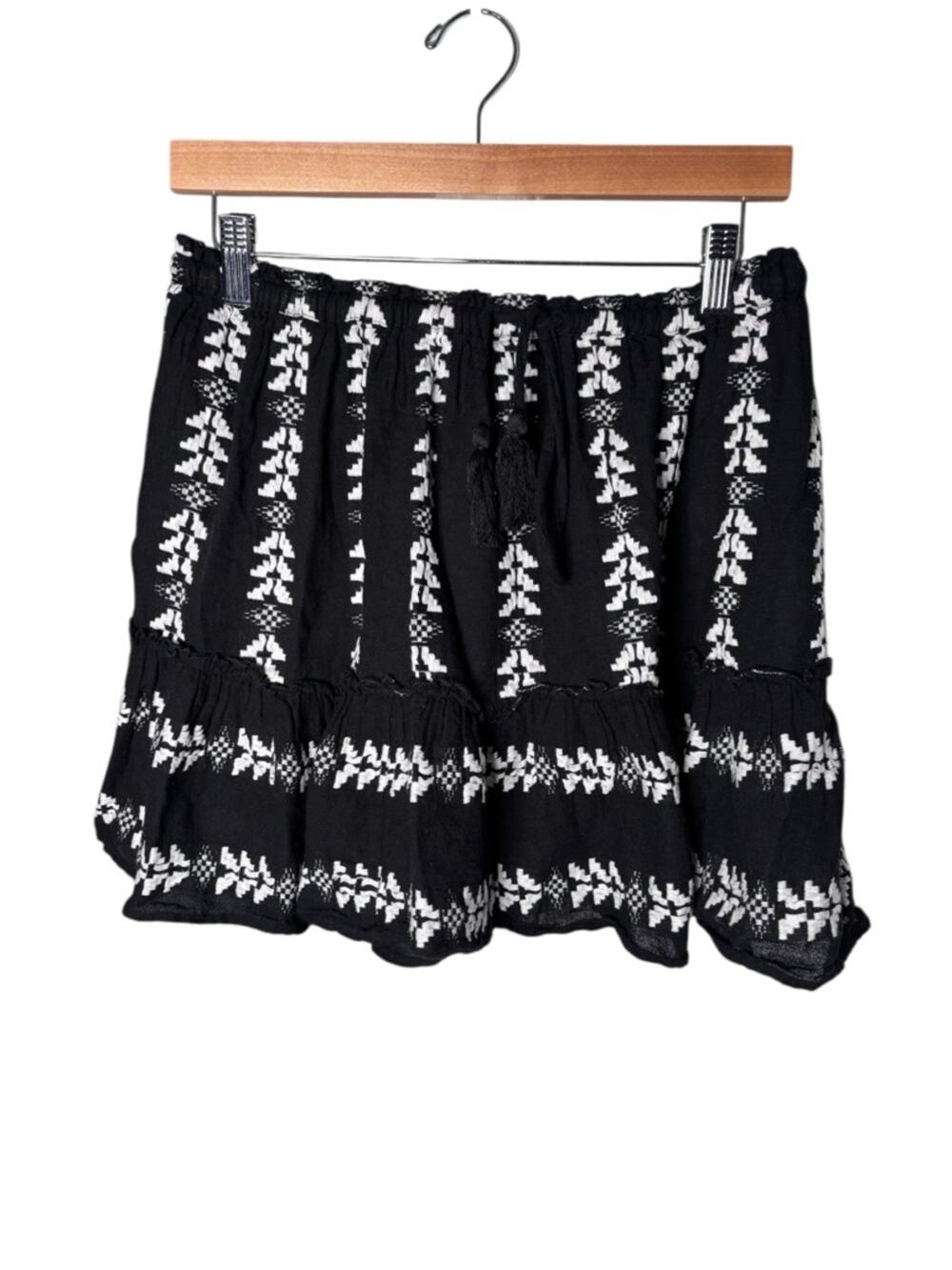 Elan Black White Embroidered Mini Skirt Drawstring Medium
